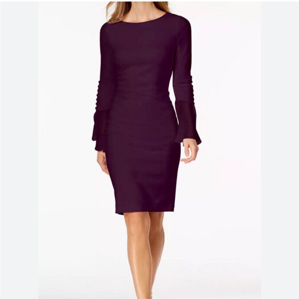 CALVIN KLEIN Chiffon Bell Sleeve Sheath Dress